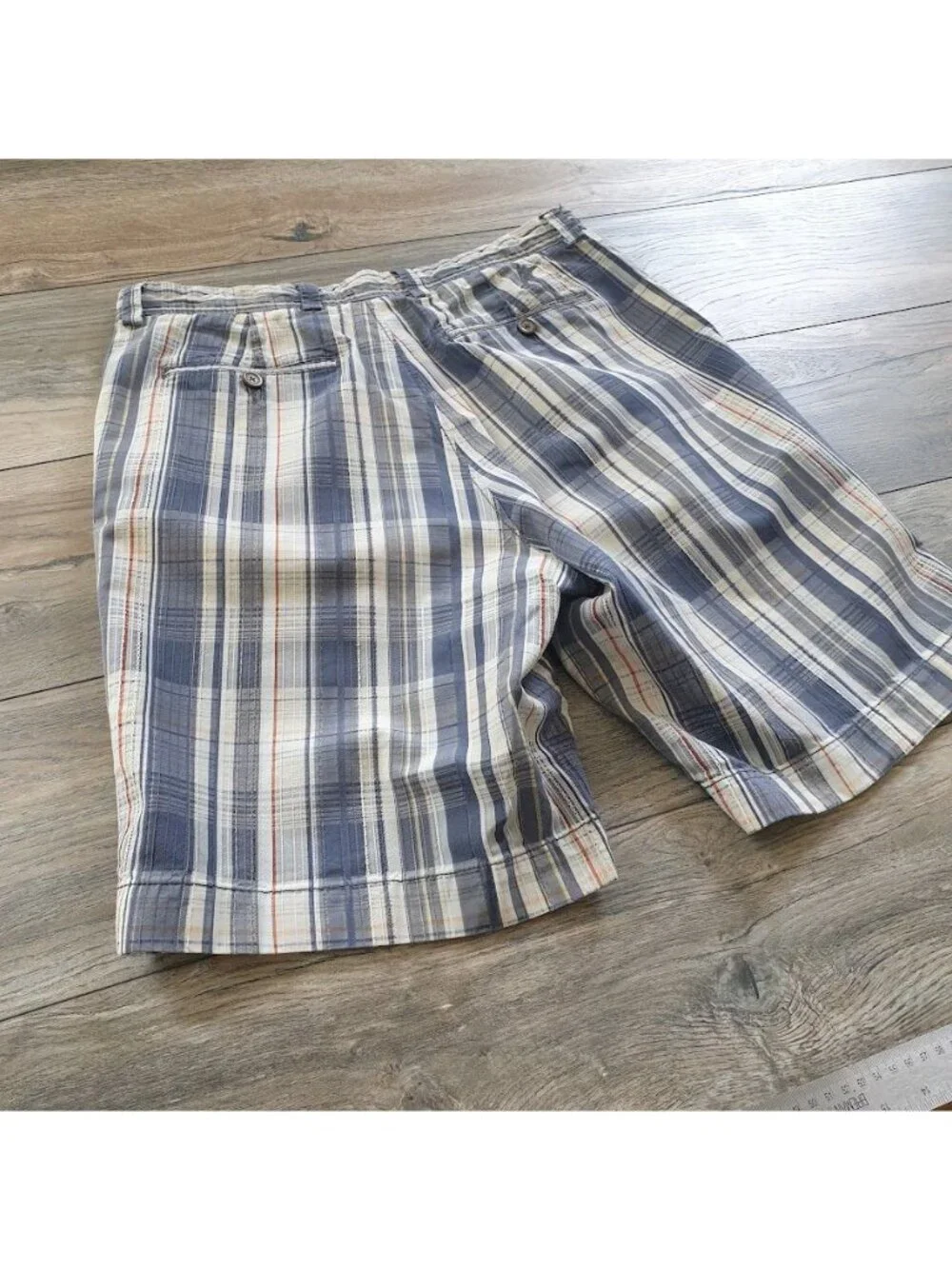 Tommy Bahama Mens Plaid Bermuda Shorts Blue White Orange Size 32 Casual Beach